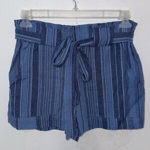NWOT Indigo Rein Linen Blue Stripe Belted Paperbag Short 3" Stretch High Waist‎